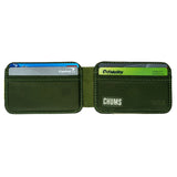 Chums Bandit Bi-Fold Wallet in the colours Olive and Tan (shown with cards inside)