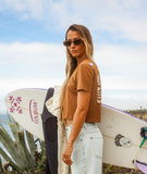 Oxbow MOKOV Cropped Tee in the colour Camel shown from the side post surf