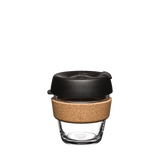 KeepCup Brew Cork SiX 6oz/177ml Glass Reusable Cup with Black coloured lid and cork band.