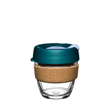 KeepCup Brew Cork Small 8oz/227ml Glass Reusable Cup with Eventide coloured lid and cork band.