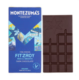 Montezumas FitzRoy - 74% Dark Chocolate 90g vegan organic chocolate bar showing both the bar and the packaging side by side.