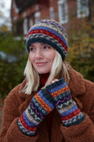 Pachamama Elveden Beanie shown worn on a model ponsing around the streets of London with a matching pair of Elveden Hand Warmers