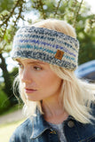 Pachamama Langtang Headband in Blue on an almost pouting blond haired model