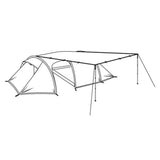 Photo of Robens Tarp 3x3m showing set up using walking poles to make a porch extension on existing tent set up.