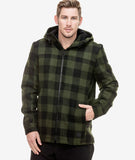 Swanndri Men's Hudson Wool Hoodie in olive black check. Hand in pocket