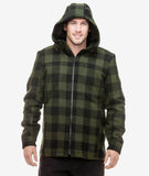 Swanndri Men's Hudson Wool Hoodie in olive black check. Hood up