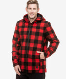 Swanndri Men's Hudson Wool Hoodie in red, black check. Hand in pocket