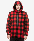 Swanndri Men's Hudson Wool Hoodie in red, black check. Hood up