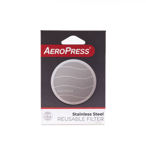 Aeropress Stainless Steel Reusable Filter for Aeropress and AeropressGo shown packaged
