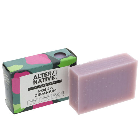Alter/native Rose & Geranium Shampoo Bar 95g bar in front of box