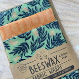 Beeswax Fabric Wraps - Kitchen Pack/Pecyn Cegin Organic Cotton 3 pack in the colour green leaf