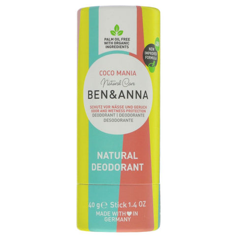 Ben & Anna natural deodorant stick in Coco Mania with colorful packaging on a white background