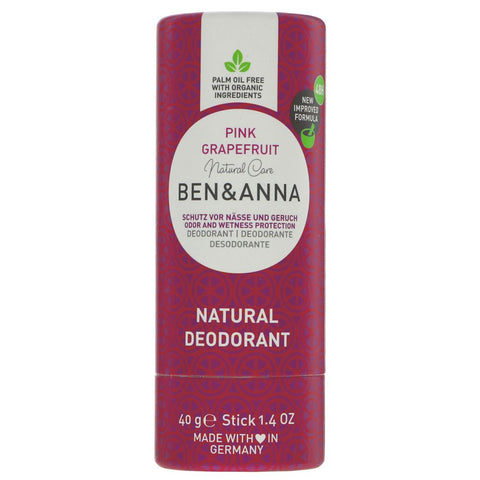 Ben & Anna natural deodorant stick with pink grapefruit flavor on a white background