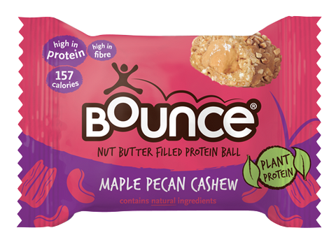 Photo of Bounce Maple Peacan Cashew Protein Ball 35g in pink and purple wrapper