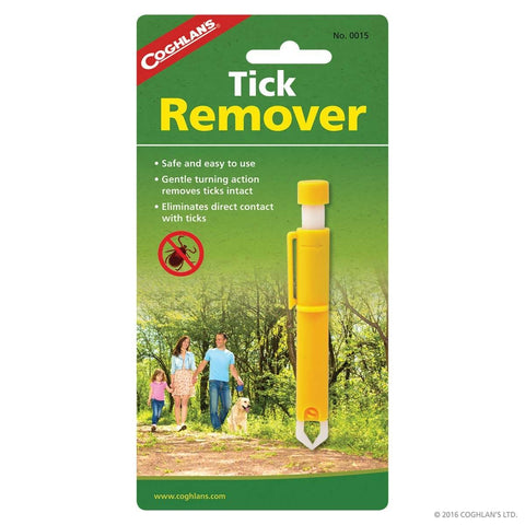 Coghlans Tick Remover in yellow in green packaging with yellow font. Graphic of family and dog walking in forest.