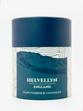 Gilded Peaks Helvellyn Glass tumbler and coaster set shown in the box from the front