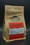 Heartland Uganda Rwenzori Coffee showing a 250g compostable retail bag.