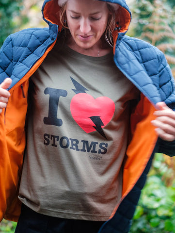 Howies Women's Mrs T with I Love Storms design on an Organic T-shirt in the colour Olivine