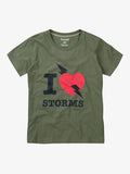 Detail of the Howies Women's Mrs T with I Love Storms design on an Organic T-shirt in the colour Olivine