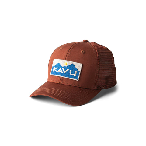 KAVU Above Standard Trucker Hat in the colour cherry mahogany sown from the front