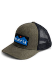 KAVU Above Standard Trucker Hat in the colour Olive Topo, shown from the front