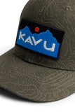 KAVU Above Standard Trucker Hat in the colour Natural Bloom, shown up close on the embroidered logo