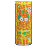 Photo of Karma drinks Orangeade 250ml with orange-themed skull graphic and gold and orange patterns in background.