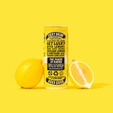 Back of Photo of Karma Drinks Lemony Lemon 250ml can showing product information on fairtrade and organic ingredients.