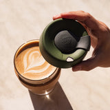KeepCup Brew Cork Medium 12oz/340ml Glass Reusable takeaway coffee cup in the colour pine 
