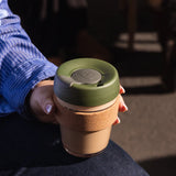 KeepCup Brew Cork Medium 12oz/340ml Glass Reusable takeaway coffee cup in the colour pine
