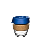 KeepCup Brew Cork Small 8oz/227ml Glass Reusable Cup with Electric Blue coloured lid and cork band.