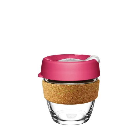 KeepCup Brew Cork Ace Small 8oz/227ml Glass Reusable Cup with Match coloured lid and cork band.