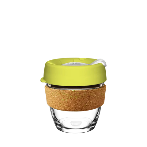 KeepCup Brew Cork Ace Small 8oz/227ml Glass Reusable Cup with Slice coloured lid and cork band.