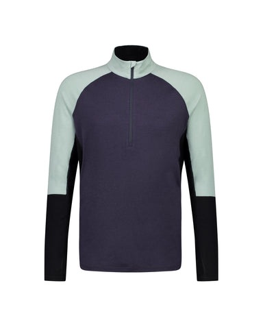 Mons Royale Olympus Merino Base Layer 1/2 Zip Long Sleeve in the colour Dew / 9 Iron / Black shown from the front