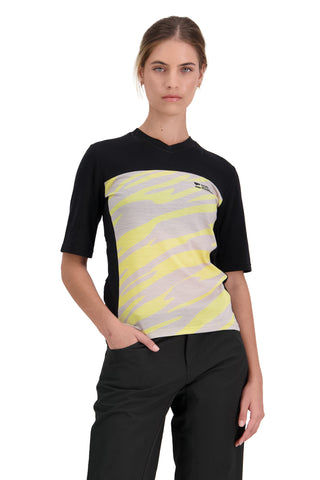 Mons Royale Womens Redwood Merino Air-Con VT in the colour Limelight Camo / Black