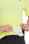 Mons Royale Womens Tarn Merino Shift Tee in the colour Black / Limelight glasses cleaner detail