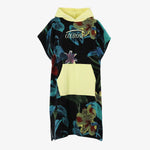 Oxbow SACHA Poncho in Noir on white background showing yellow colour block hood and pockets with balck, blue and green floral print