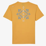 back of Oxbow TABULA Tee-shirt in Kumquat revealing blue graphic with white text saying, 'Oxbow'