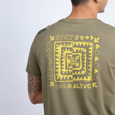 Oxbow TAPUIO Tee-shirt in Aloe, close up shot of yellow funky graphic on back.