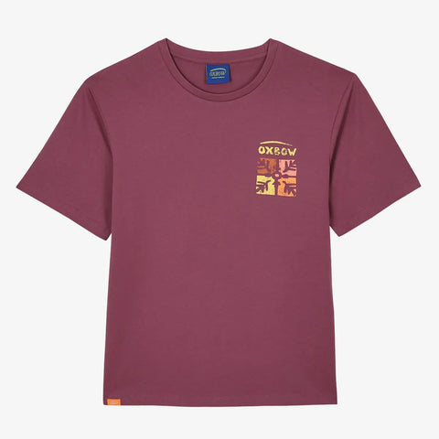 Oxbow TOBOB Tee-shirt in Acai on white background showing colourful logo 