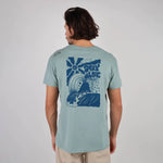 Oxbow TOHORA Tee-shirt in Iguane, on back of man showing dark blue graphic with the quote 'Stay Alive'