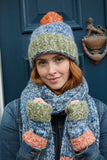 Pachamama Berlin Scarf in the colour Blue, shown with matching hat and hand warmer