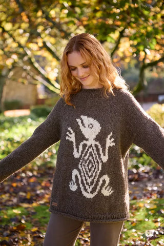 Pachamama Gecko Sweater shown from the front on a woman 