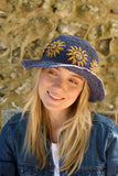 Pachamama Sunshine Hemp/Cotton Sun Hat in the colour Denim, shown on a model