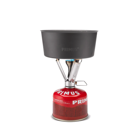 Primus Firestick Stove TI assembled on gas canister with cooking pot