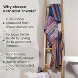 Why choose Remnant Towels?
Sustainably produced from discarded cotton
Reduces textile waste by giving life to unwanted threads. 
Each towel is beautifully unique due to different coloured recycled yarns. 