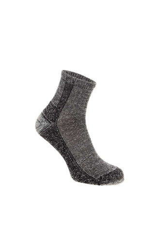 Silverpoint Adventure Trek Ankle Socks in the colour black marl shown on a foot shape