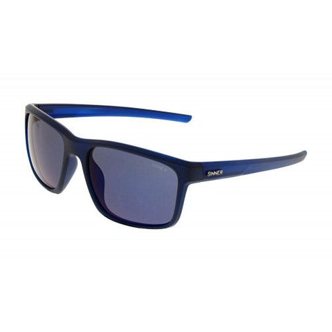 Sinner Louis Sunglasses. Matt blue frame with blue mirror lenses with Sinner written in white capitals on the side of the frame.
