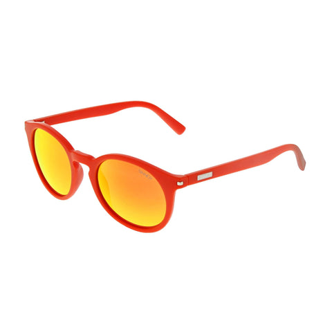 Sinner Patnem Sunglasses in matt orange with orange oil spill lenses. Sinner in white capitals engraved on silver rectangle.