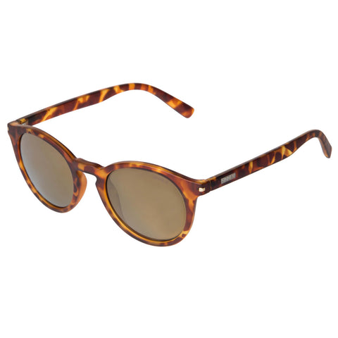 Sinner Patnem Sunglasses in matte yellow tort with gold lenses. Sinner in capitals engraved on silver rectangle.